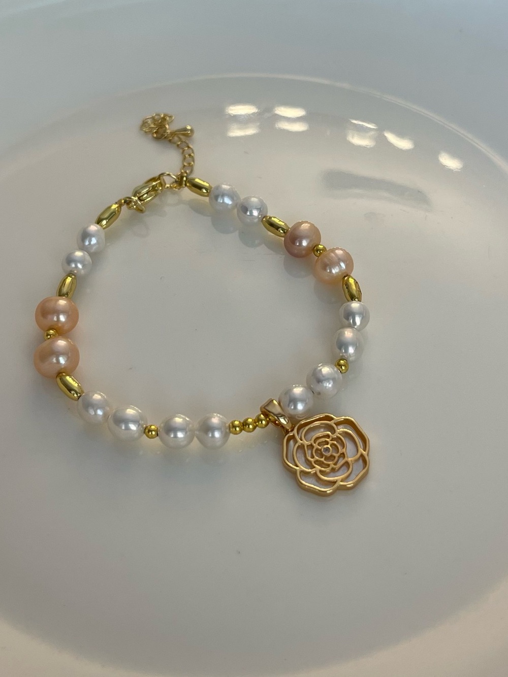 Gold Rose Charm Pearl Bracelet - White & Peach Freshwater Pearls
